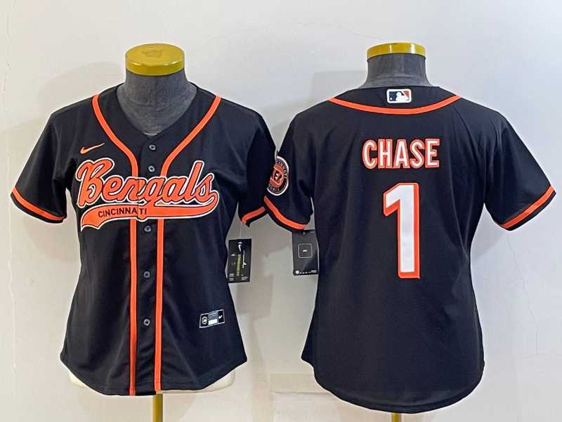 Women's Cincinnati Bengals #1 JaMarr Chase Black With Patch Cool Base Stitched Baseball Jersey,We sell and wholesale Women's Cincinnati Bengals #1 JaMarr Chase Black With Patch Cool Base Stitched Baseball Jersey on line form chian!